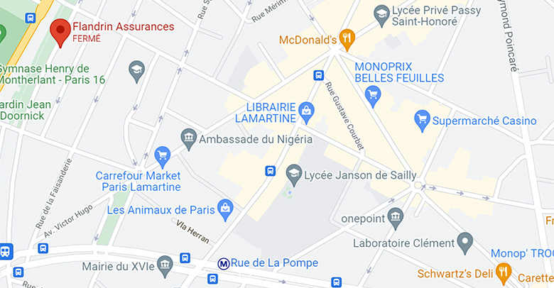Google Map montrant les coordonnées des bureaux de Flandrin Assurances à Paris